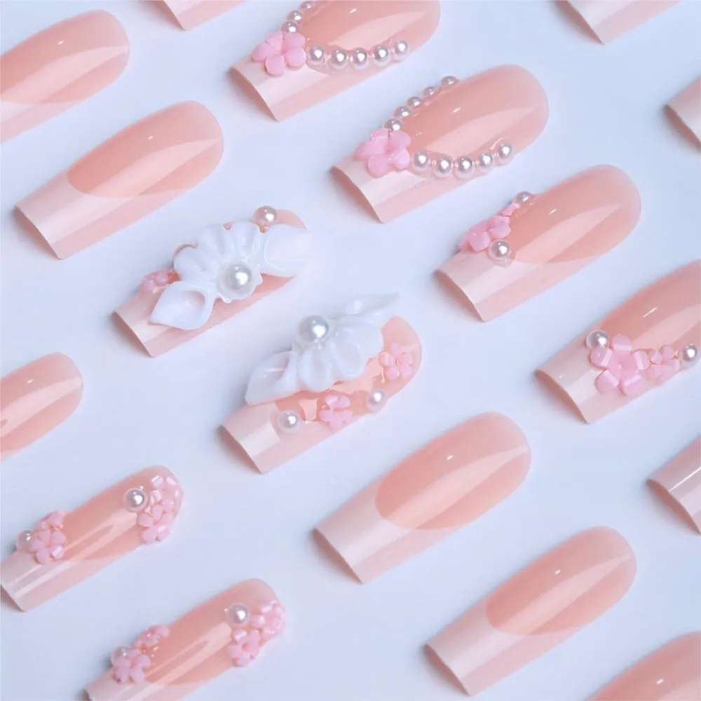 24Pcs Acrylic Flower/Pearl Rhinestones French False Nails Full Cover Medium Square Nude Press On Nails Sweet French Fake Nails & view 2