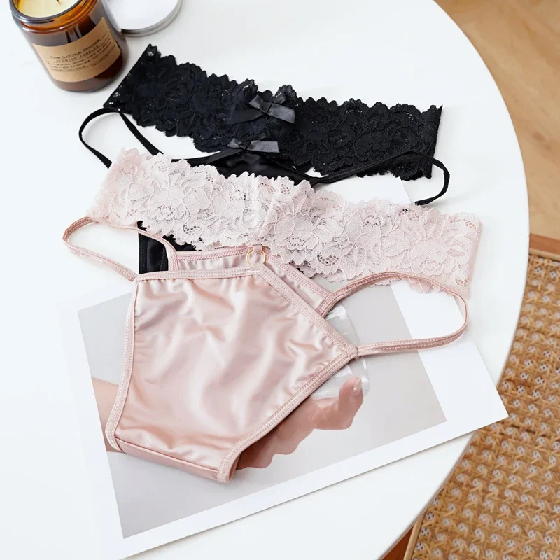 

Французское легкое роскошное нижнее белье с атласной поверхностью, сексуальное кружевное искушение, трусики-стринги, новое треугольное короткое нижнее белье, нижнее белье