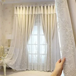 Luxury Beige Double Layer Embroidery Blackout Curtain for Bedroom Living Room European Delicate Sheer Plus Darkening Cloth Drape