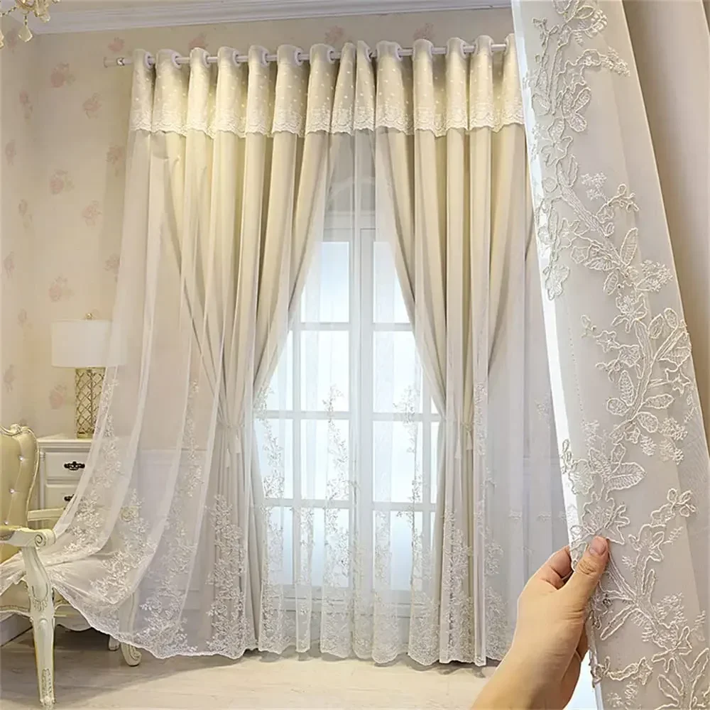 Luxury Beige Double Layer Embroidery Blackout Curtain for Bedroom Living Room European Delicate Sheer Plus Darkening Cloth Drape