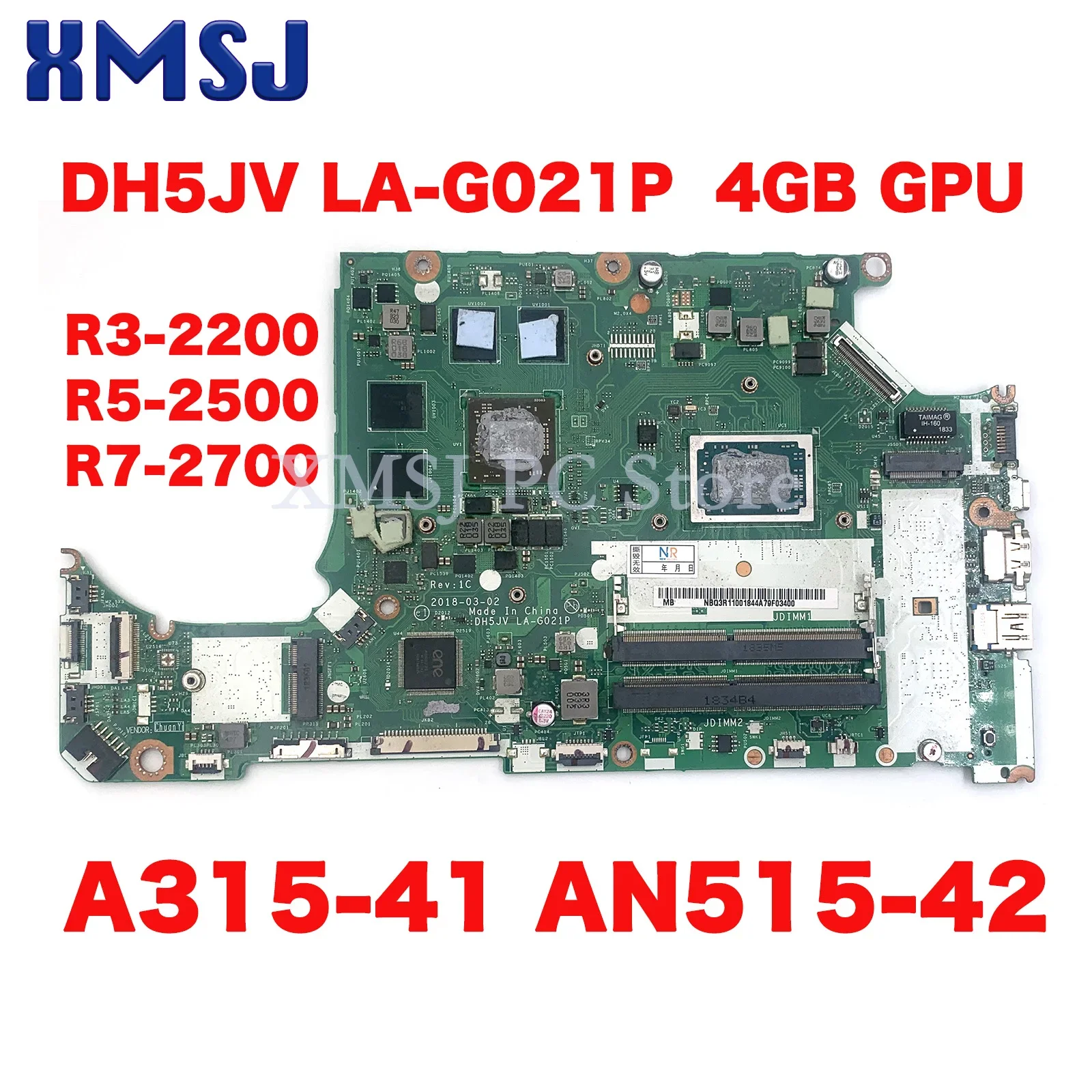 

For Acer Nitro 5 A315-41 AN515-42 Laptop Motherboard DH5JV LA-G021P With R3-2200 R5-2500 R7-2700 CPU RX560 4GB GPU Fully Tested