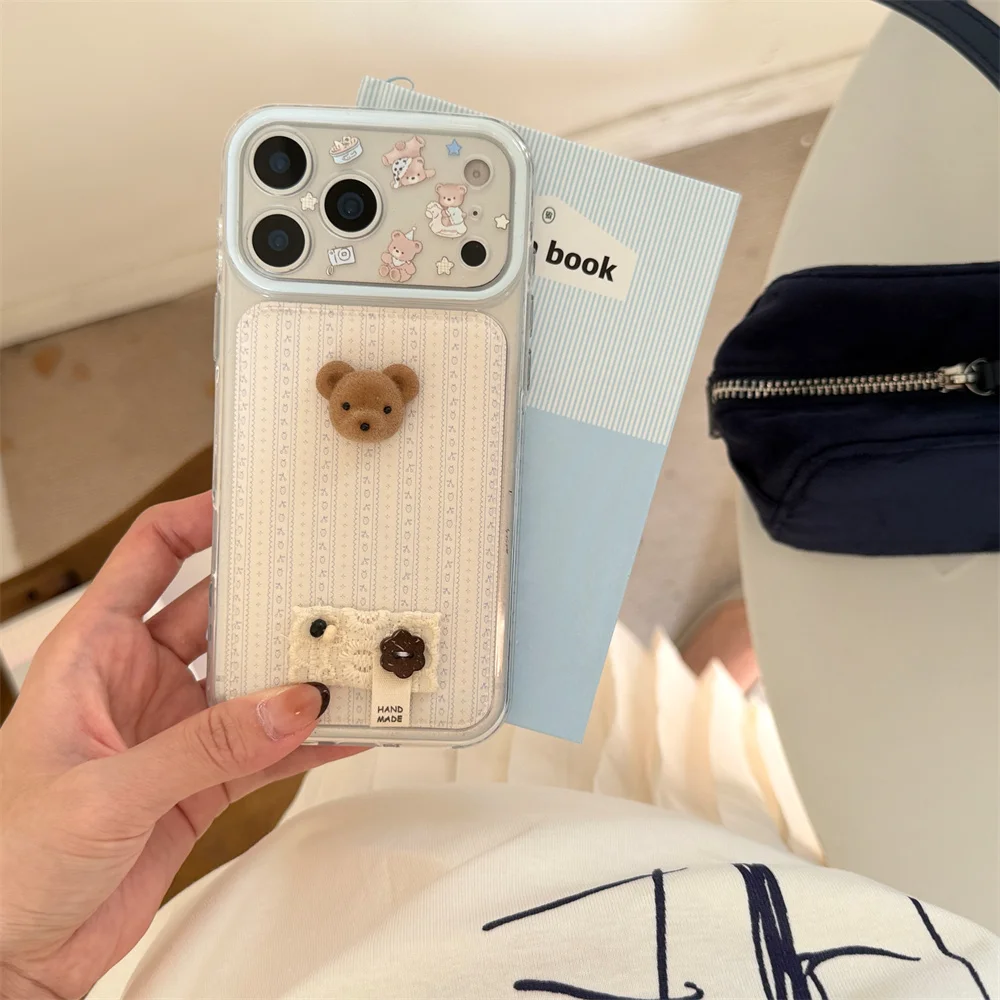 Kawaii 3D Flocking Bear Card Holder Phone Case for iPhone 18 17 16 15 Pro Max Korean Cute Star Print Clear Cover Fundas Cases