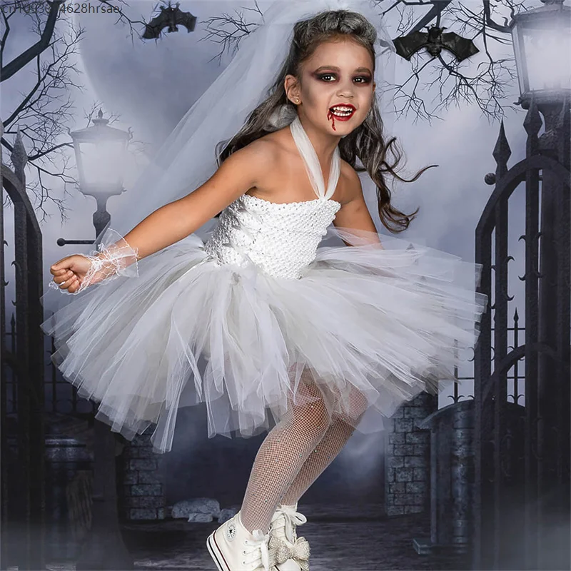 AP1 Children Ghost Bride White Wedding Dress Zombie Cosplay Clothing Halloween Vampire Girl Tutu Dresses Veil Gloves