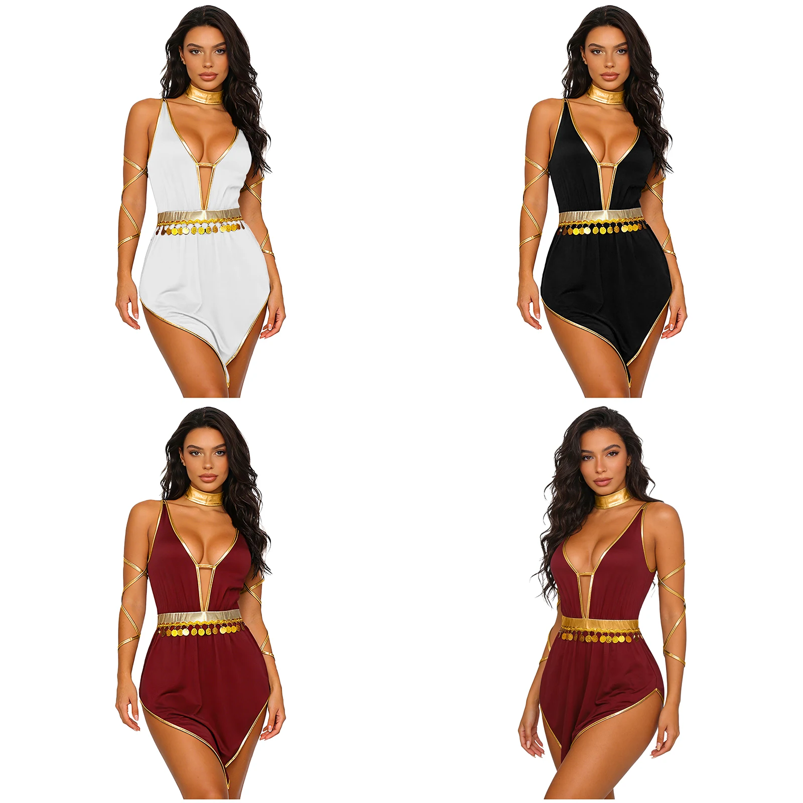 

Women Ancient Greek Roman Goddesses Princess Warrior Costume Leotard Dress with Choker Arm Bands for Halloween Theme Party