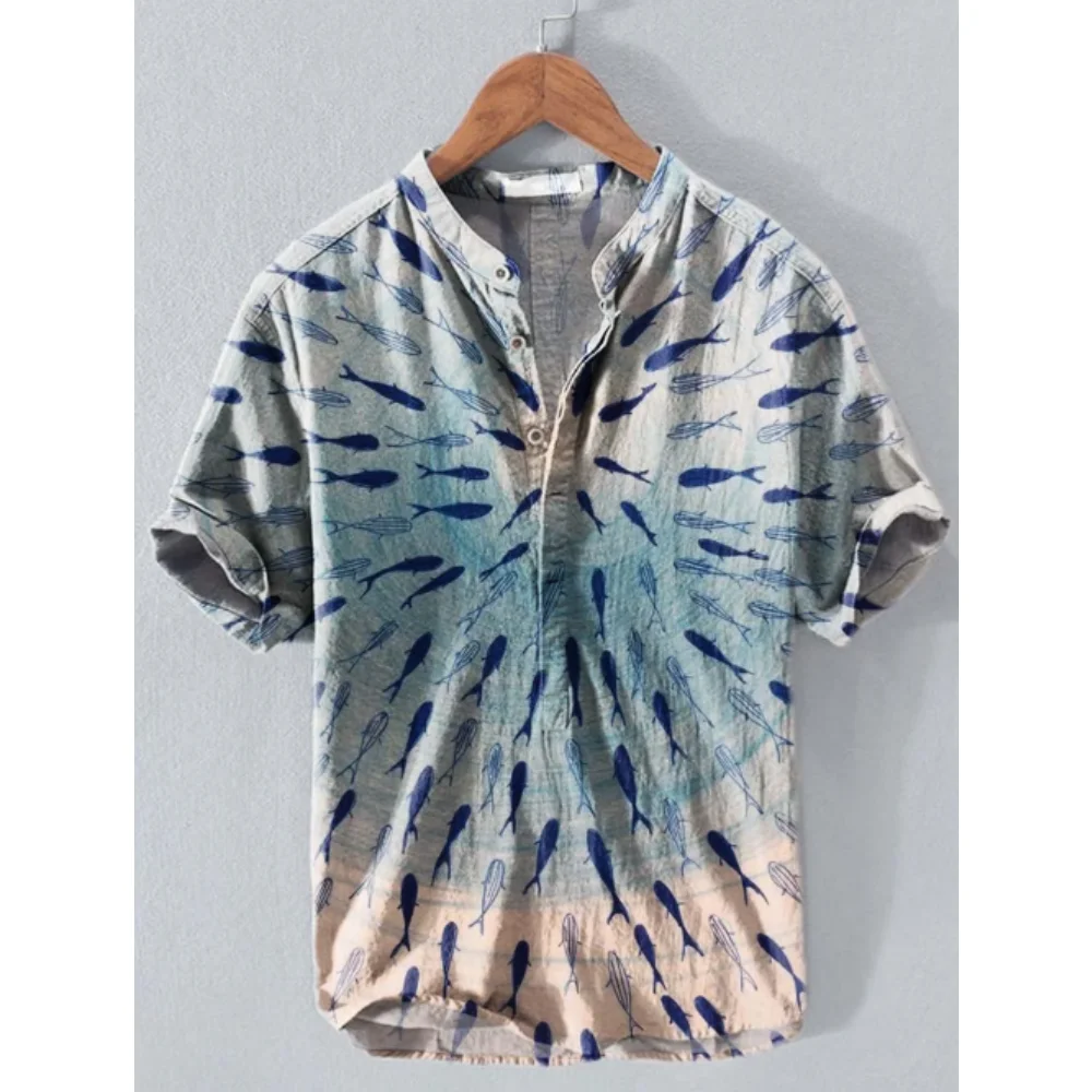 

Men's linen casual fashionable short sleeved shirt, collar button top, animal pattern, fish pattern unique pattern artistic line