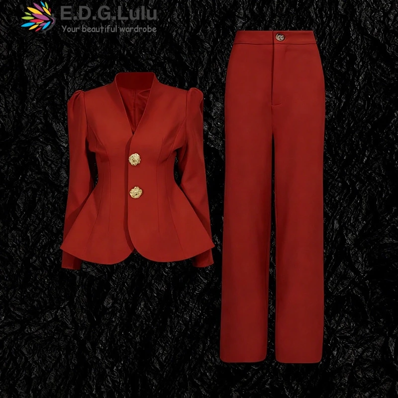 EDGLuLu Korean Fashion Women's Two Pieces Set V-Neck Long Sleeved Suit Jacket+Straight Leg Pants Red Suit 1205
