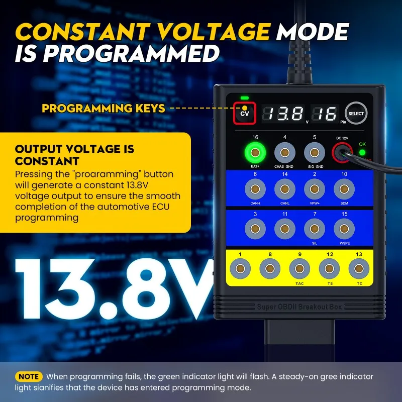 

M49K-Super OBD2 16-контактный автомобильный диагностический инструмент, поддержка программирования ECU с дисплеем напряжения, коммутационная коробка