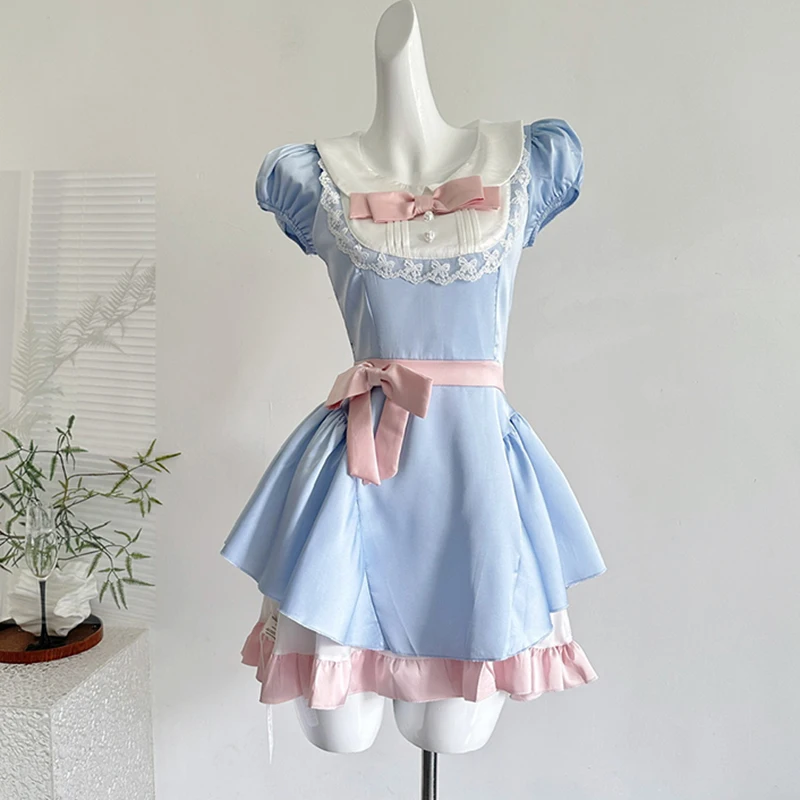 

Pure Cotton Blue Dress Women Sweet Bow Peter Pan Collar Kawaii Mini Dress Lace Patchwork High Waist Short Sleeve Female Dress