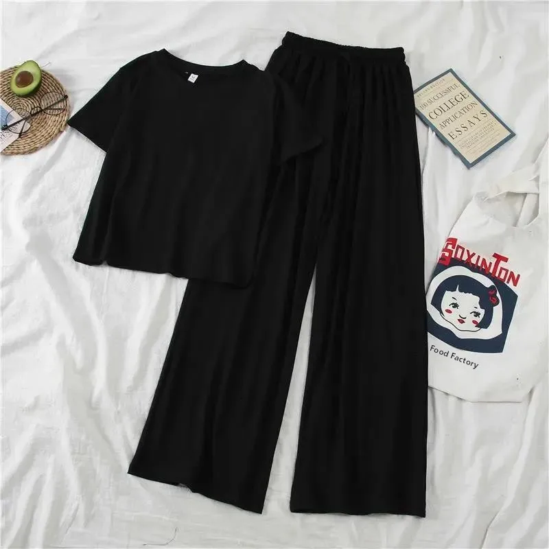 Spring Summer New Style Korean Version Slimming Casual Sports Wear Women's Top Wide Leg Pants Student Two Piece Set Trendy