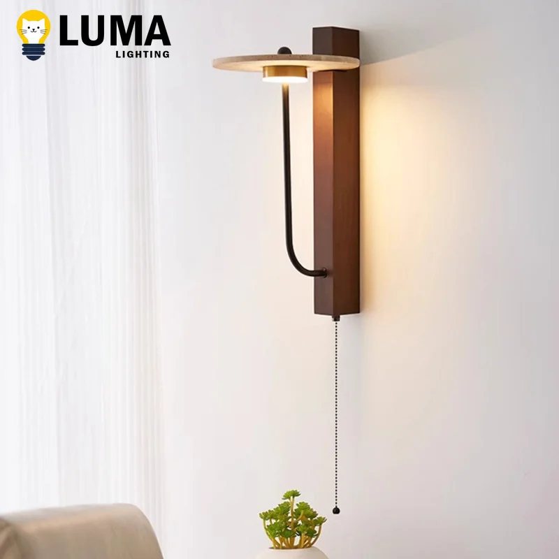 Wabi Sabi Gelbe Travertin-Wandleuchte mit Zugkette, Naturstein und Holz, LED-Wandleuchte für Schlafzimmer, Nachttisch, Wohnzimmer, Hotal