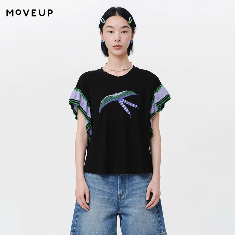 MOVEUP Short Sleeves Round Neck T-Shirt 2026 Summer New Pure Cotton Contrast Color Print Butterfly Sleeve Top Women 125210511