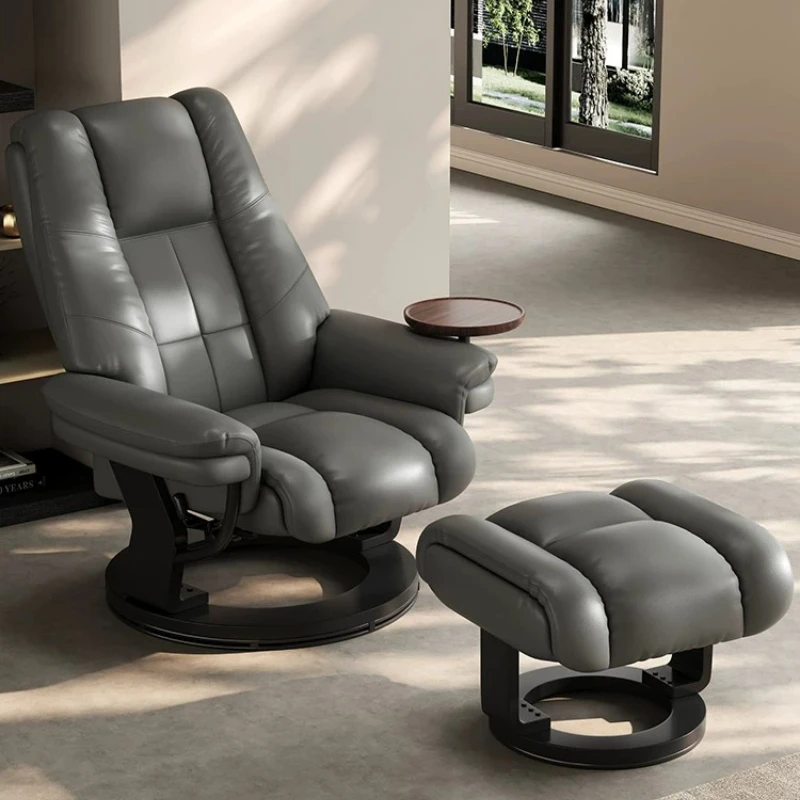 Living room cowhide Norwegian chair leather single sofa solid wood rotating lazy chair multi-functional reclining sofa