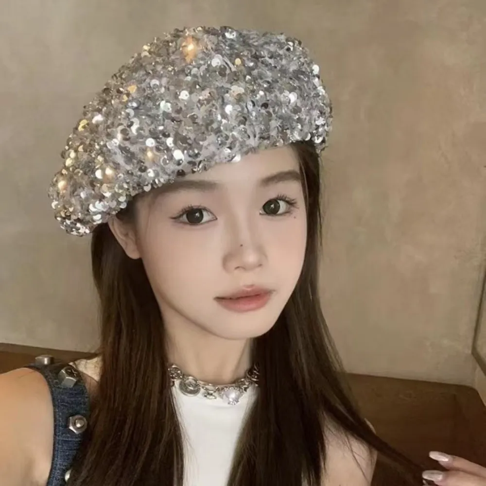 Leisure Retro Glitter Sequin Beret Sparkling Casual Style Fashion Painter Hat Trendy Chic Design Lady Octagonal Cap Streetwear