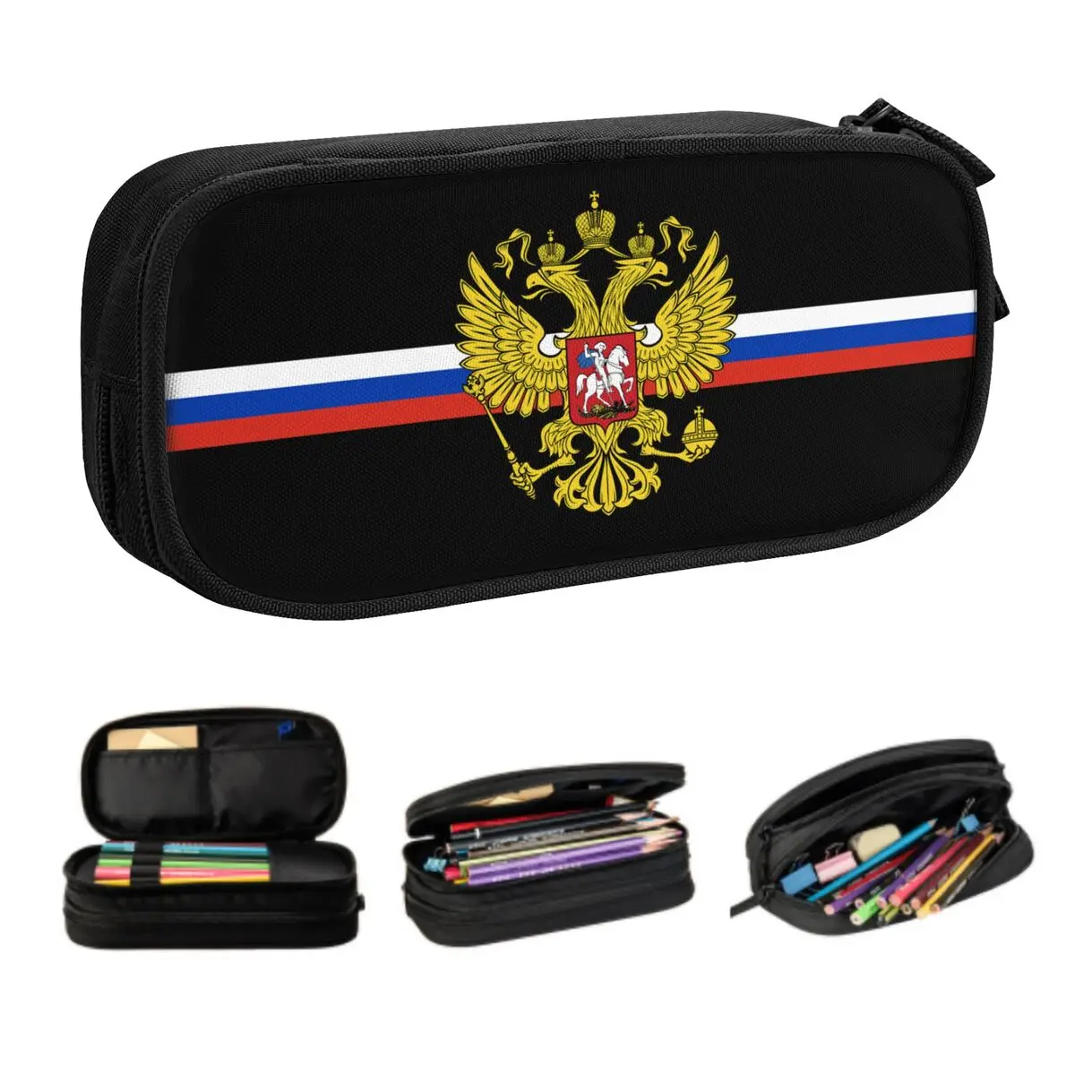 Customized Coat Of Arms Of Russia Cute Pencil Case Boy Girl Large Capacity Russian Flag Pencil Box School Accessories