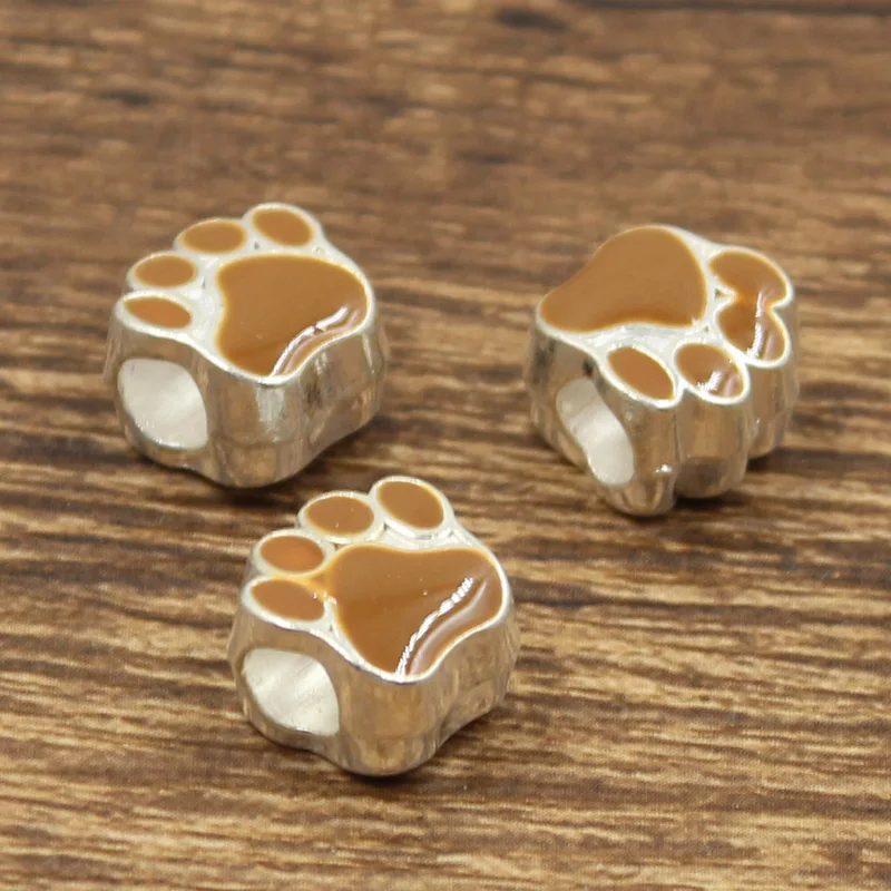 6pcs 11x7x11mm Dog Bear Cat Paw 5mm Big Hole Bead Charm Fits Bright Silver Color Drop Oil Fit European Bracelets Wholesale
