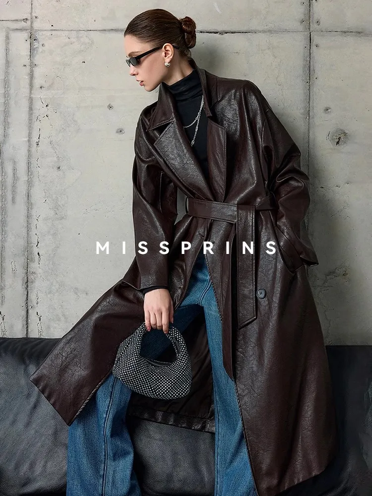 

Lautaro весна осень длинный водонепроницаемый ретро состаренный блестящий плут из искусственной кожи для женщин с поясами двубортный люксовый европейская мода 2025 плащ женский пальто женское весна