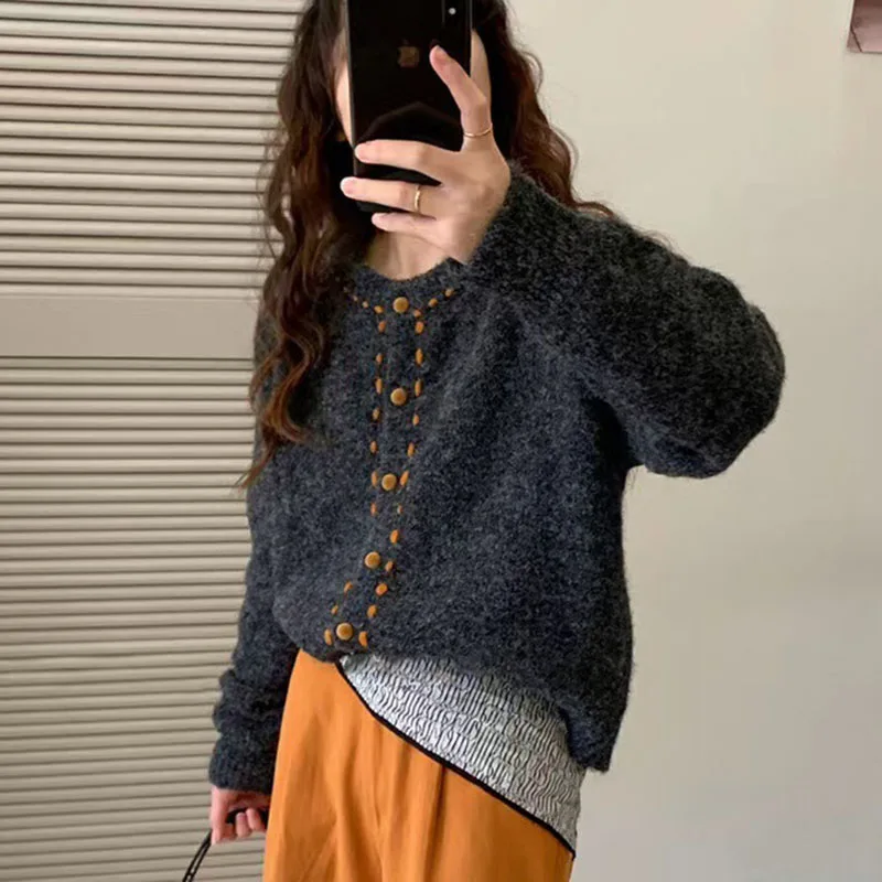 

Winter Women's Sweater Jacket Korean O-Neck Short Knitting Cardigans Female Fashion Design Buttons-Up Knitwear Cardigan