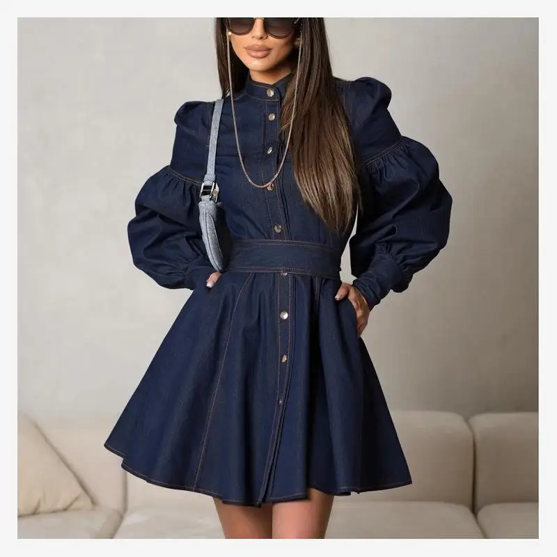 

Faionable Lantern Sve Denim Dr with Belt Design European Sle Long Sve round Ne A-Line Skirt Polyester Fiber