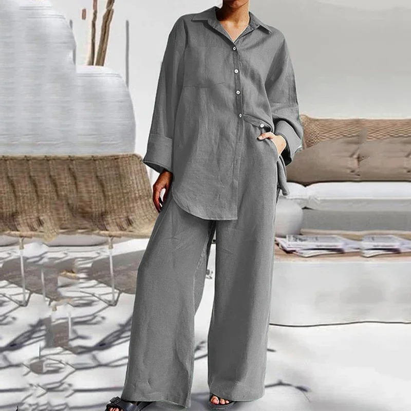 

Осенняя новая женская рубашка с длинным рукавом, комплект из 2 предметов, простая элегантная однотонная однобортная рубашка с лацканами, свободный прямой брючный костюм