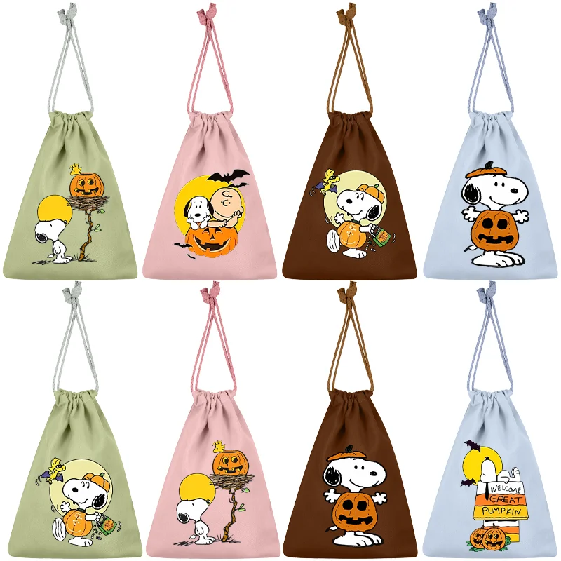 

Snoopys Drawstring Bag Anime Halloween Print Handbag Portable Large Capacity Cotton Storage Bags Child Birthday Party Candy Gift