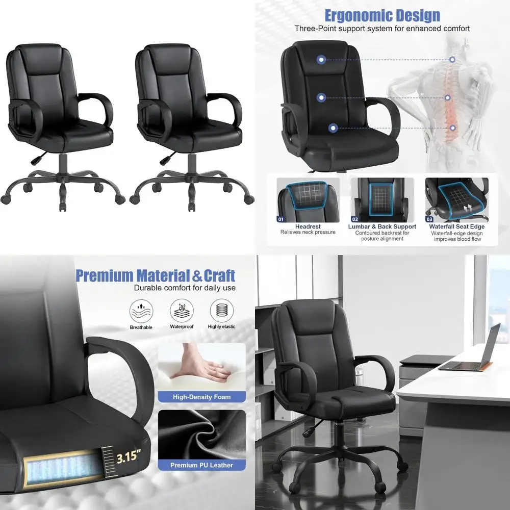 

black leather swivel chair with armrests for home office desk, mid-back support, set of 2