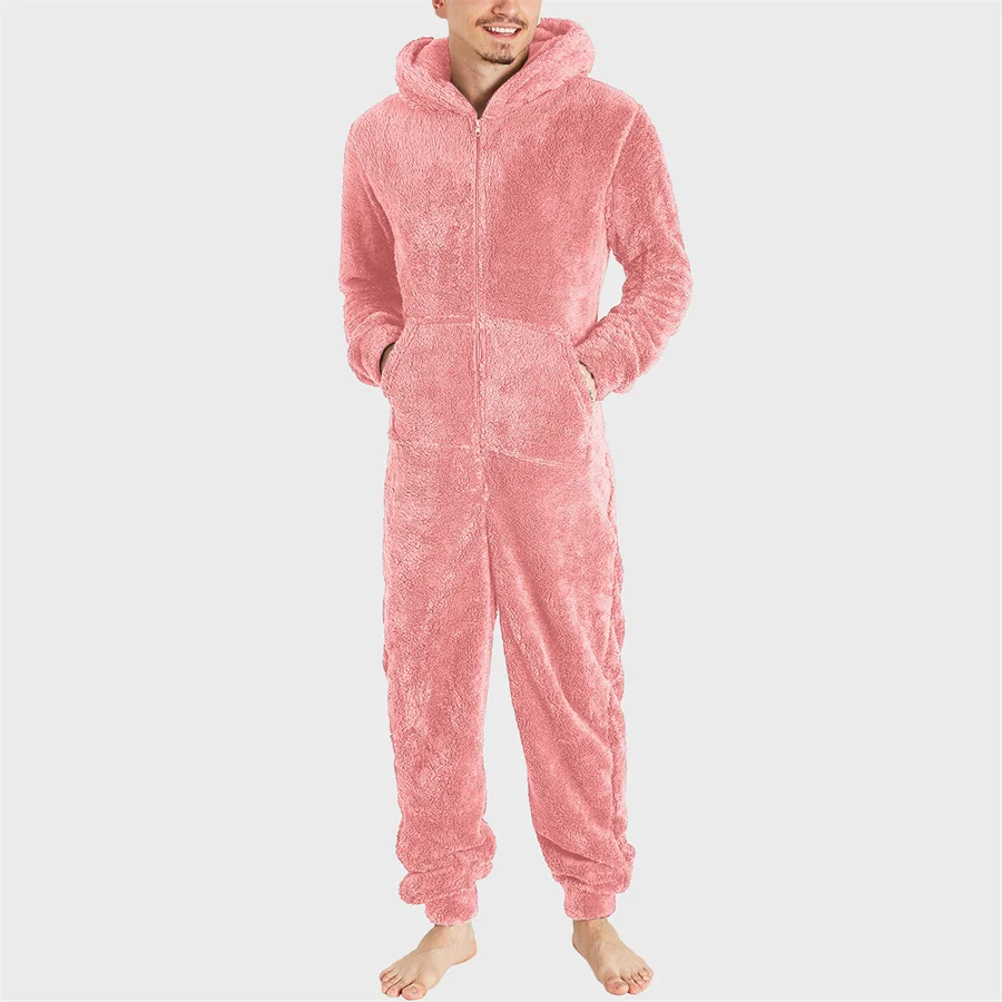 2024 Men\'s Winter Warm Pajamas Set Men Solid Zipper One-piece Nightwear Long Sleeve Hooded Long Jumpsuit Sleepwear 5XL