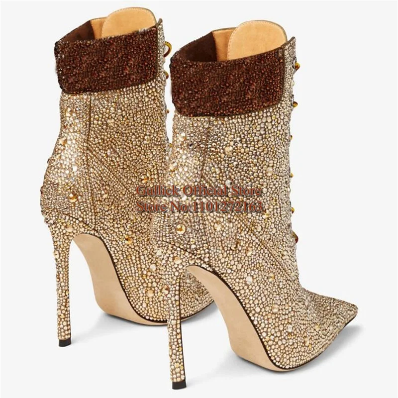 Handmade Crystal Pointed Toe Ankle Boots Mixed Colors Rhinestone Lace Up Lady Banquet Evening Dress Shoes