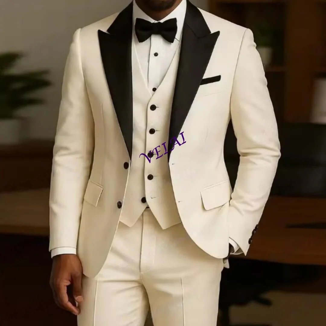 

CustomizedWhite And Black Collar Men Suit Formal Occasion Groom Groomsman Wedding Party Prom Male Tuxedos 3 Piece Set Blazer Ves