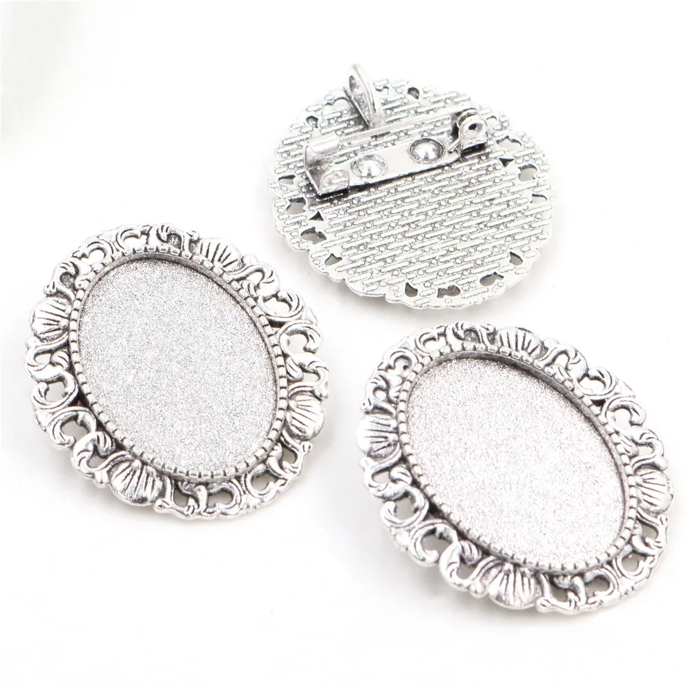 5pcs 18x25mm Inner Size Antique Silver Plated Bronze Black Brooch Pin Classic Style Cameo Cabochon Base Setting