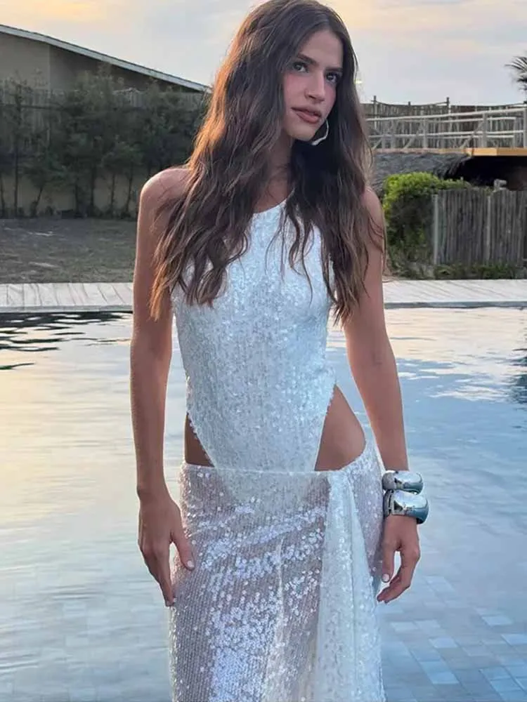 BKQU الترتر مثير انظر من خلال تنورة مجموعات النساء الصيف ملابس الحفلات لامعة أكمام ارتداءها + انقسام التنانير الطويلة الشاطئ 2 قطعة مجموعة