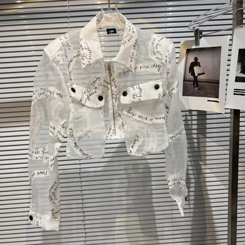 2025 Summer New English Letter Printing Transparent Mesh Sunscreen Shirt Trendy Leisure Unique Design Short Coat Top - view 5