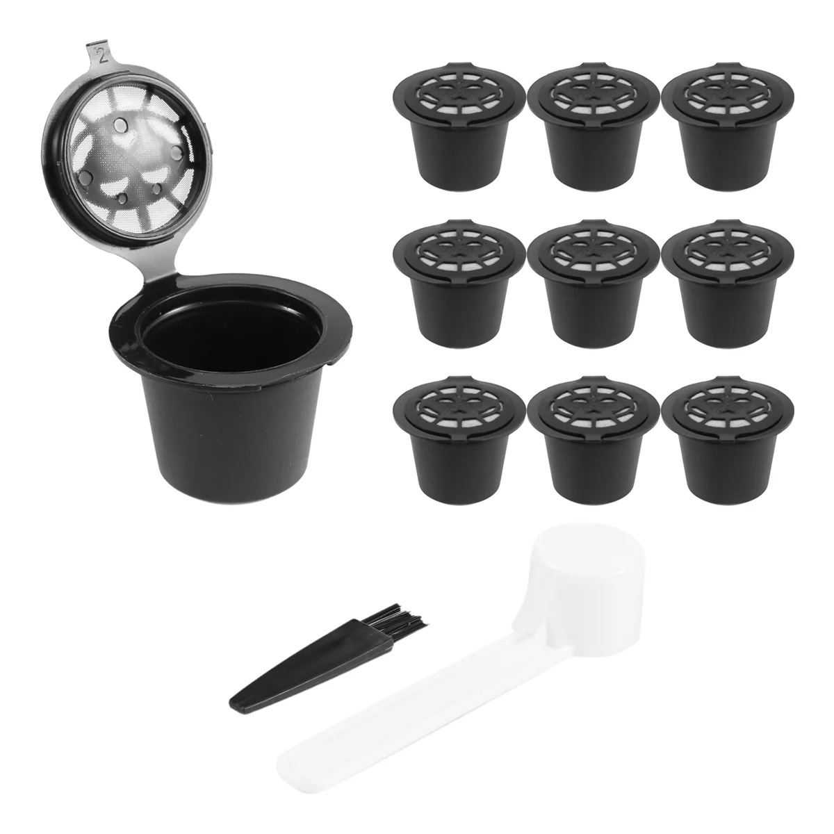 A74G-10 Pcs Reusable Refillable Coffee Capsule Filters for Nespresso with Spoon Brush Kitchen Accessories Coffee Filter Black