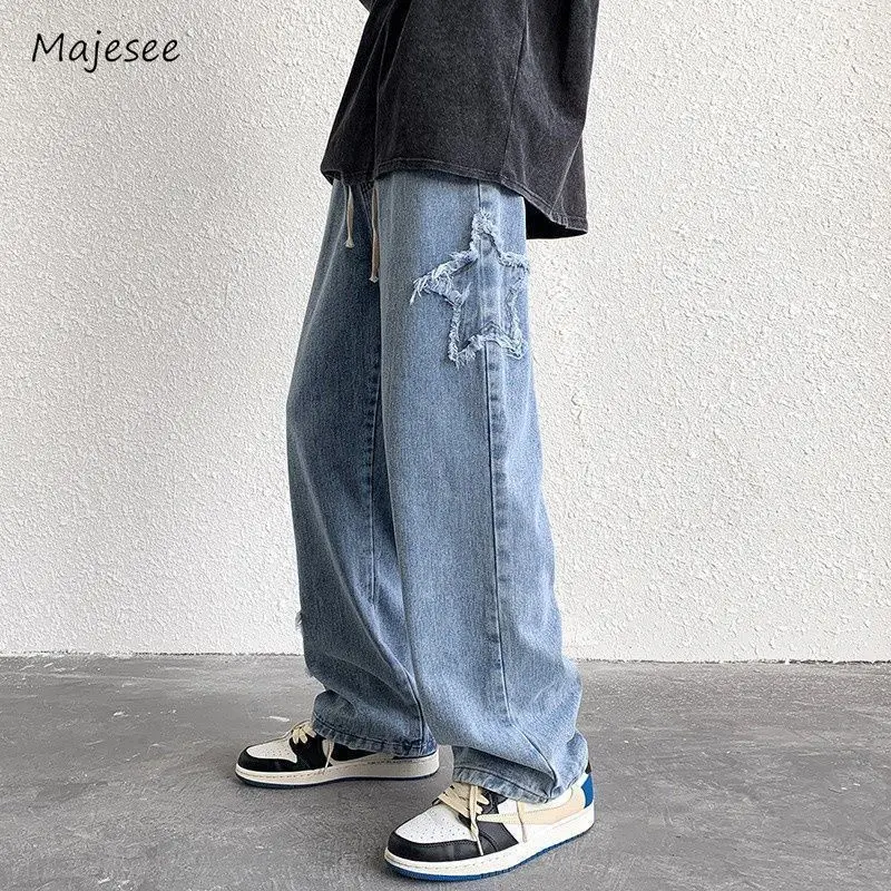 Jeans Men Simple All-match Streetwear American Style Star Patches Solid Staight Spring Autumn Male Youthful Mopping Trousers