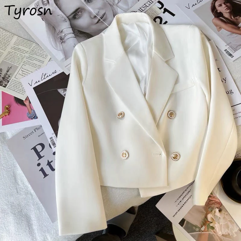 Elegant Crop Blazers Women Autumn Basic Coats Temper Notched Loose Classic Solid New Arrival Double Breasted Feminino All-match