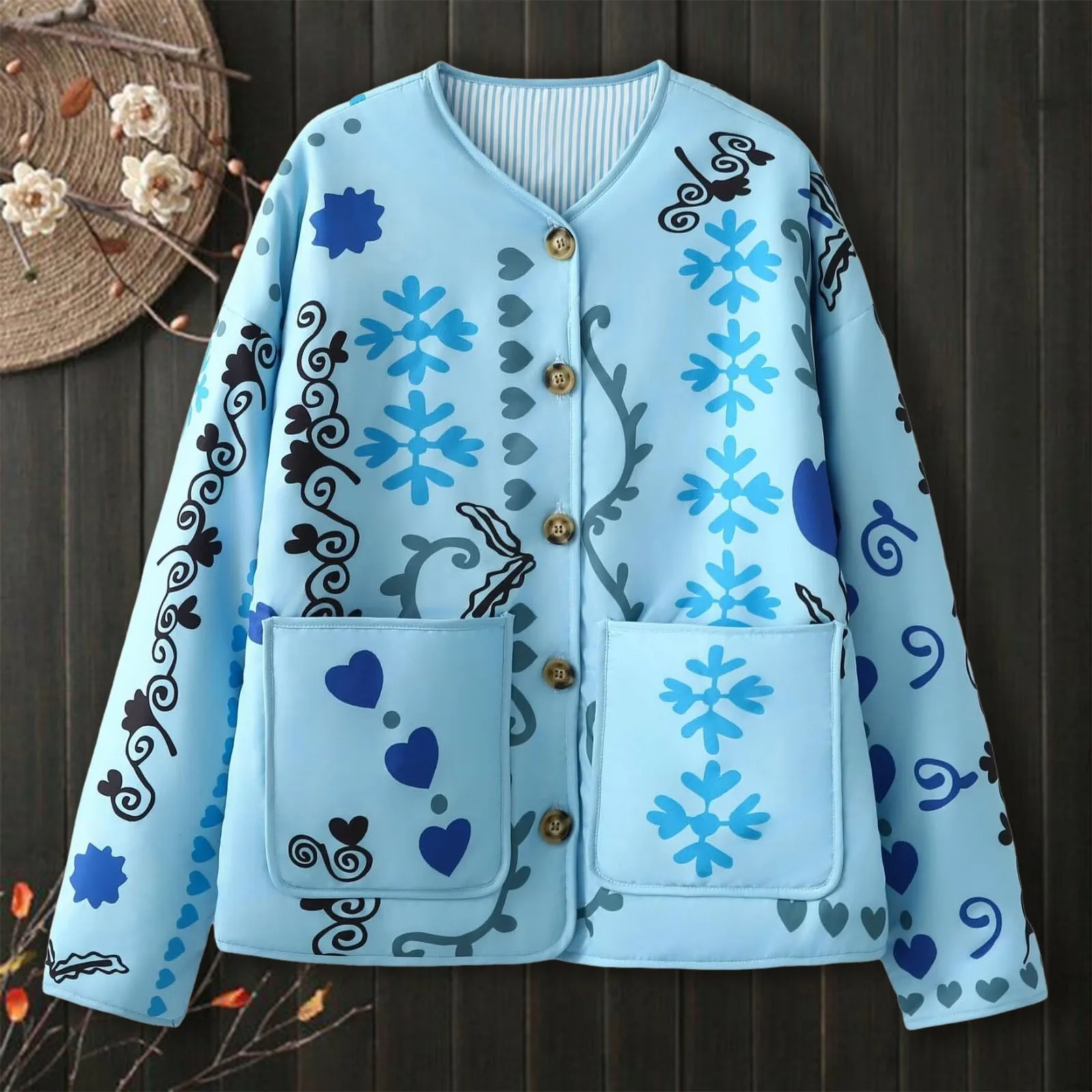 2024 Autumn Jacket Cardigan New Women's Clothing Style Simple and Casual Loose Round Neck Printed Design Thin Coat