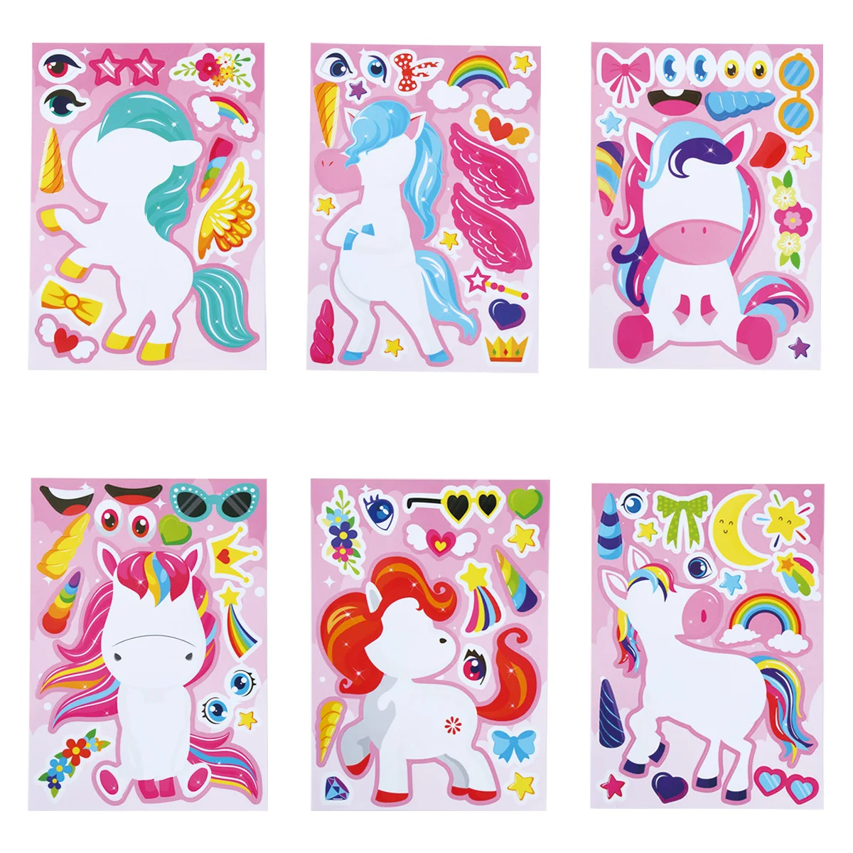 12 ورقة قوس قزح الحصان الأطفال DIY لغز ملصق ألعاب يونيكورن حفلة عيد ميلاد جعل وجه مضحك تجميع بانوراما ملصقات الهدايا