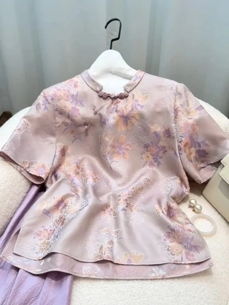 Nuovo cinese Sle Viola Ricamo floreale ort Sve Donna irt Estate 2025 Ele Unico Piccolo ence irt