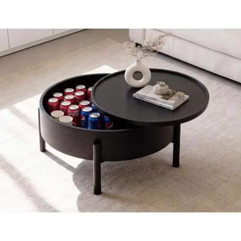 Retro Rotating Round Coffee Table for Small Apartments, Modern Minimalist Black Side Table with Storage