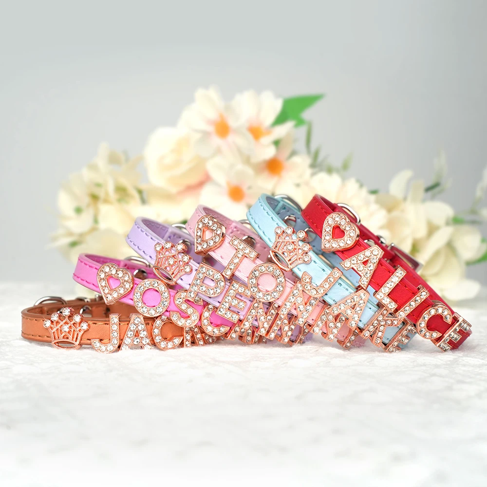 Personalized Cat Name Collar Bling Rhinestone Puppy Dog Collars Free Name Letters Charms Anti-lost Pet Accessories Pink