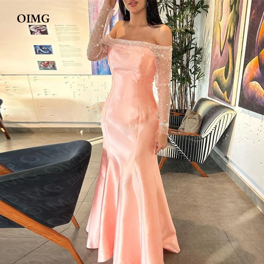 

OIMG Elegant Pink Satin Full Shiny Sleeves Evening Night Dresses Mermaid Saudi Arabic Formal Event Night Party Prom Dress Vestid