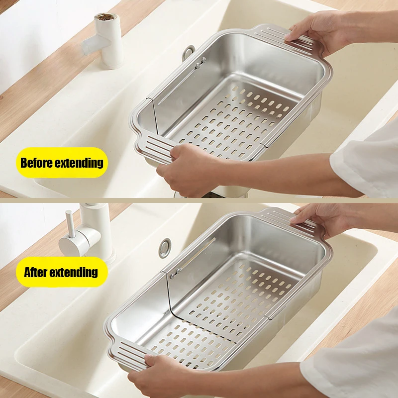 Telescopic Stainless Steel Sink Strainer Adjustable Kitchen Drain Basket for Pasta Fruit Vegetable Dish Washing Food Catcher