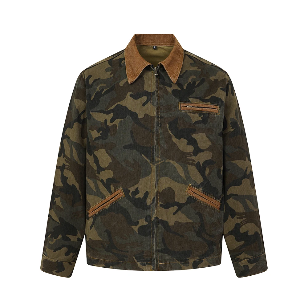 Vintage Streetwear Contrast Color Camouflage Autumn Jeans Jacket for Men Lapel Patchwork Windbreaker Loose Denim Coat Oversized