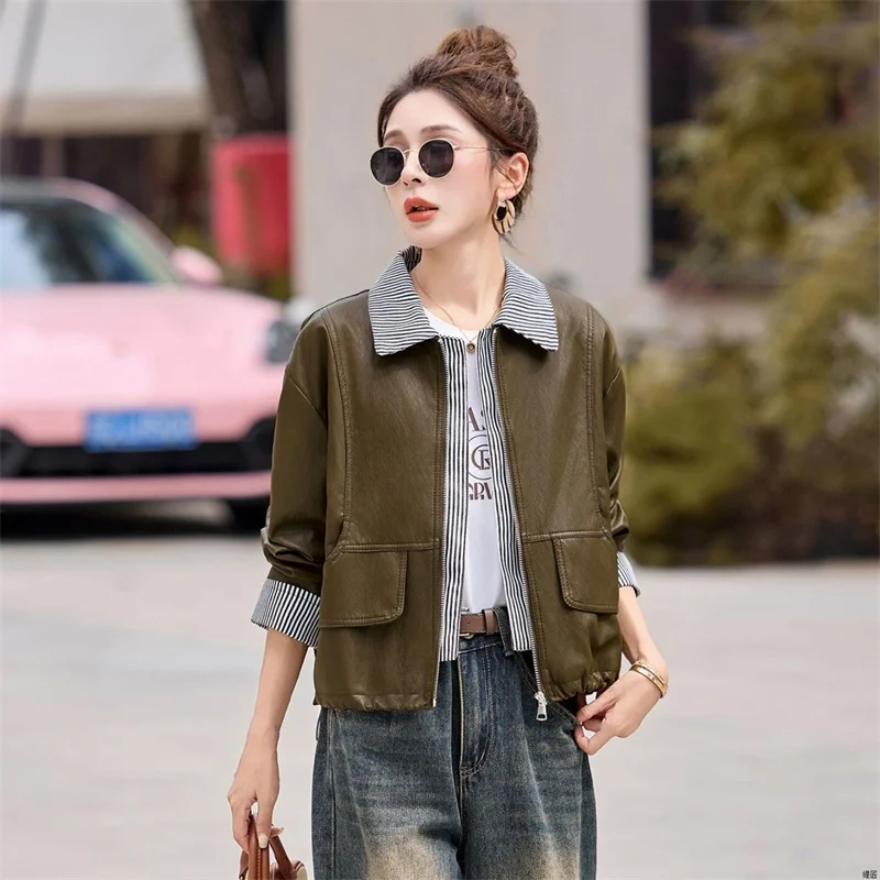High-end Fake Two Piece Leather Jacket Women's 2026 Spring Autumn New Loose Retro Versatile Patchwork Leather Coat Outerwear