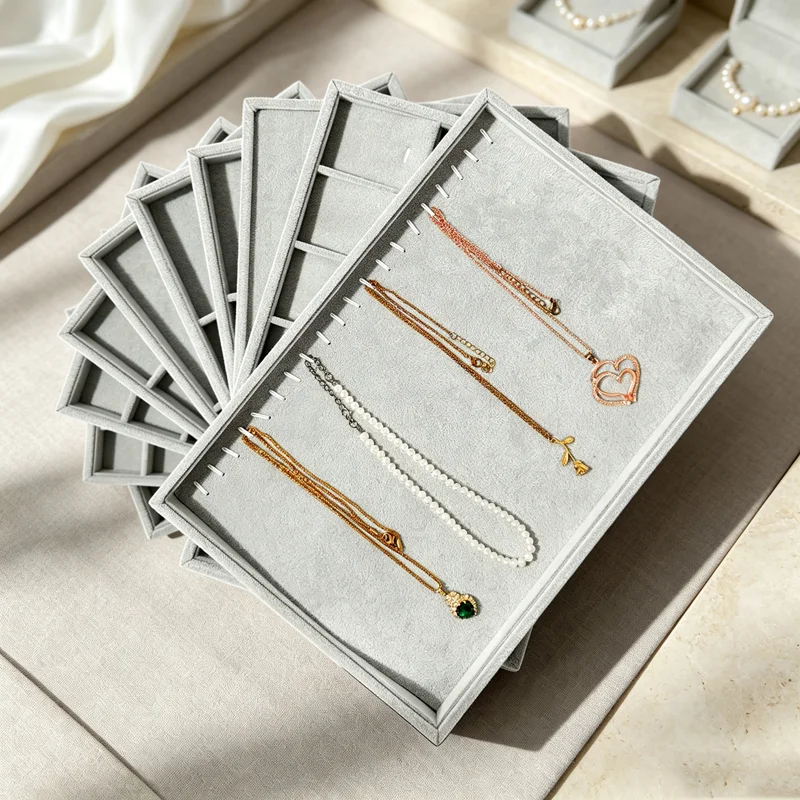 35x24cm Gray Ice-Patterned Velvet Large Jewelry Tray for Storing and Displaying Rings Earrings Necklaces Pendants and Bracelets