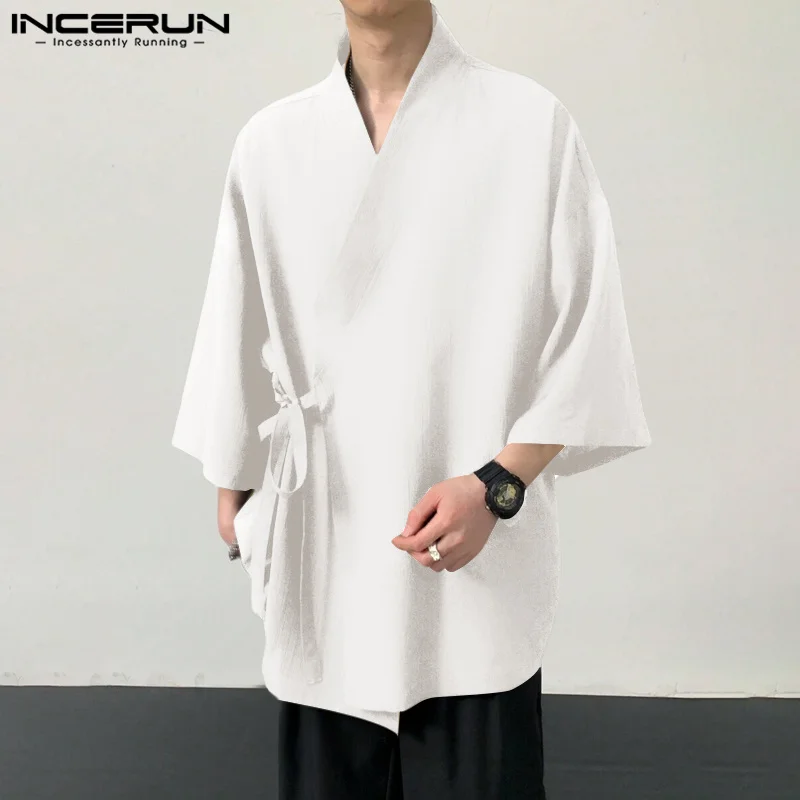 

INCERUN Men Shirt Solid Color V Neck Half Sleeve Loose Lace Up Open Stitch Casual Cardigan Streetwear Kimono 2024 Retro Shirts