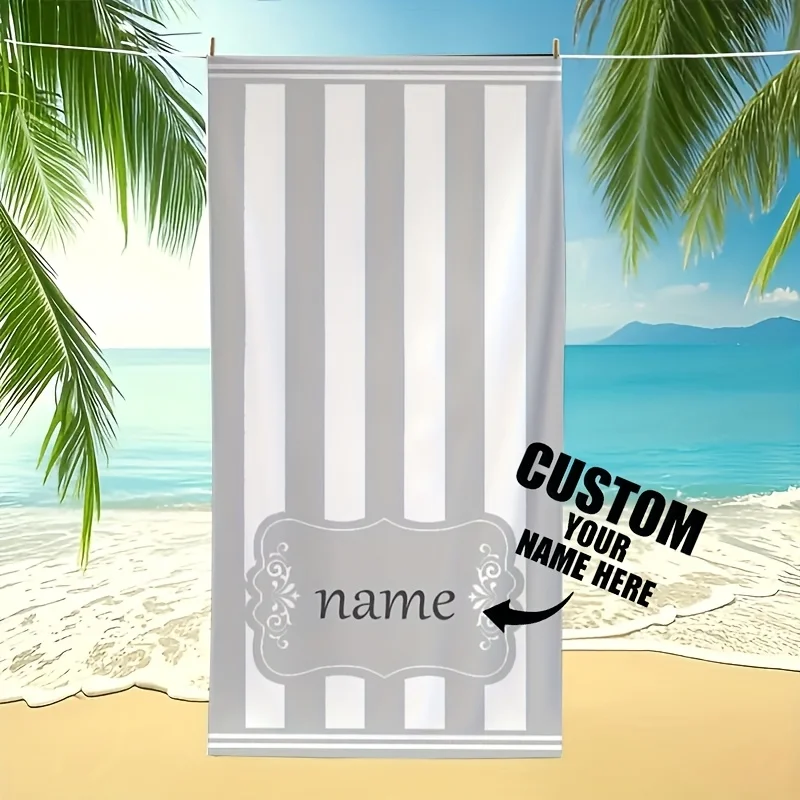 Custom Purple Striped Beach Towel Personalized Initial Print Soft Quick-Dry Large Bath Towel for Travel Swim Pool
