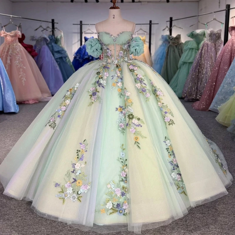 

Green Shiny Quinceanera Dresses Off The Shoulder Applique Lace Beading Crystal Tull Corset Party Birthday Sweet 16 Dres Vestidos