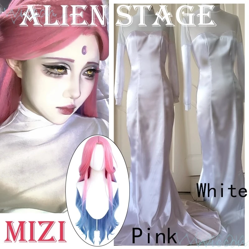 Anime Mizi Alien Stage Round 5 Cosplay Costume linijka mojego serca Peruka Biała sukienka Uniform Halloween Party Strój dla kobiet