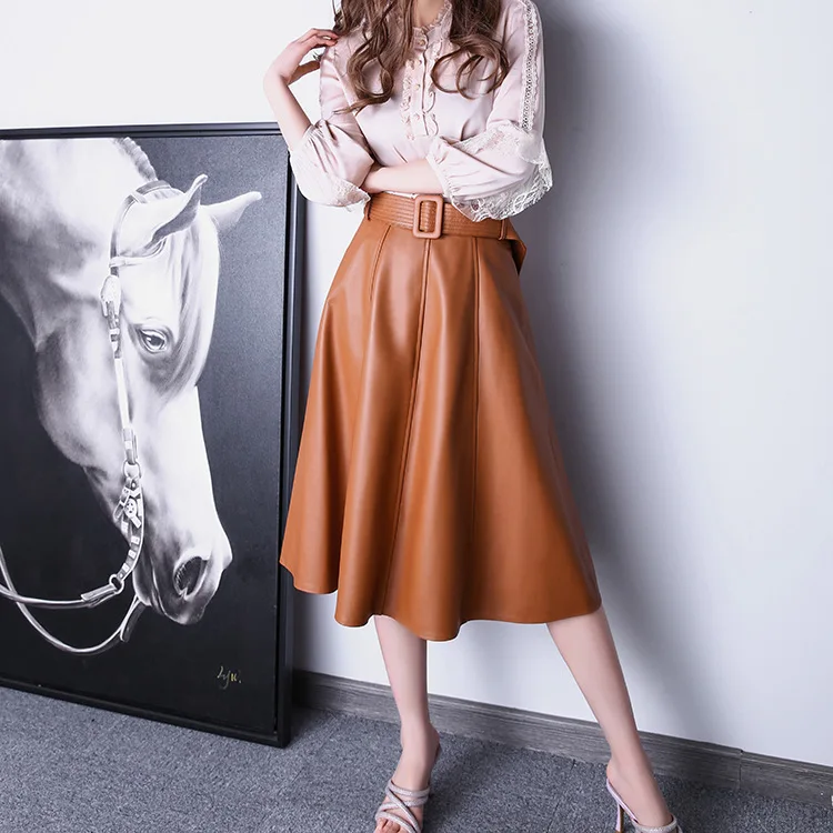 

2023 Straight Autumn and Winter New Sheepskin Leather High Waist Large Waist Belt Umbrella Skirt Mid Length Half Length Skirt fo