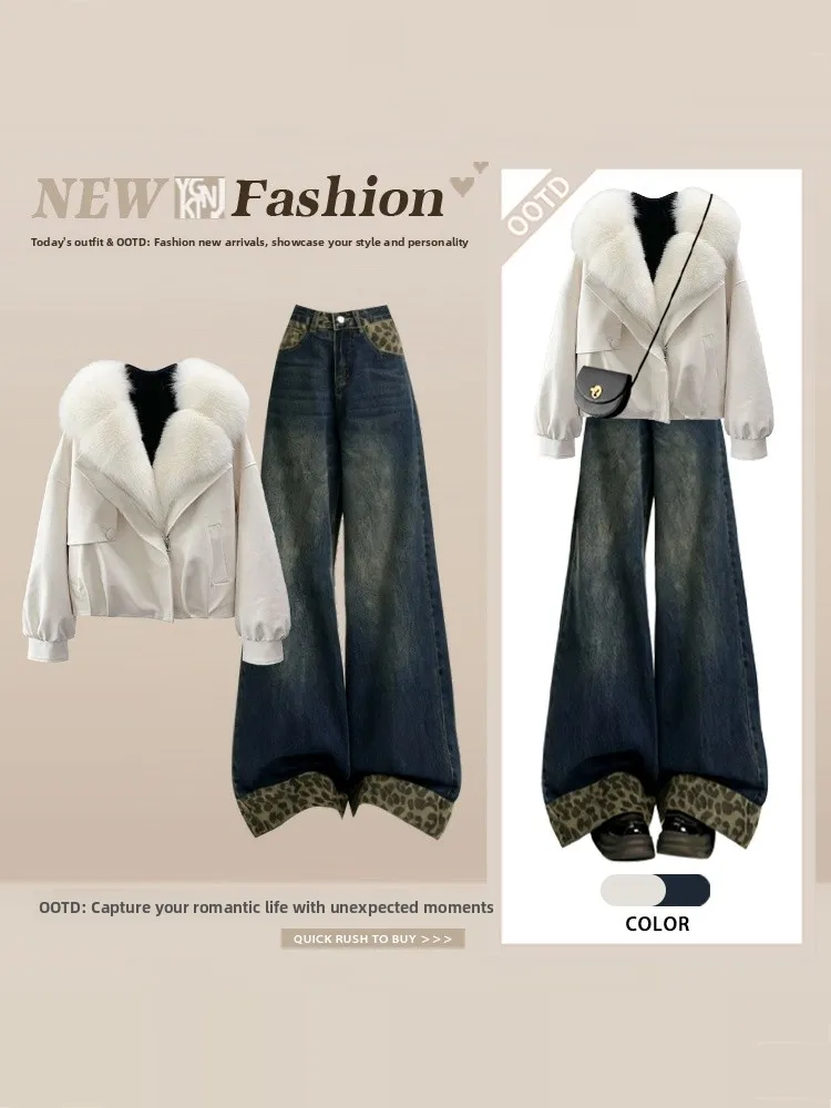 

Women's Loose Fit Plaid Coat And High Waist Jeans Two Piece Set Winter Faion Casual Sle Long Sve Knitted Sweater